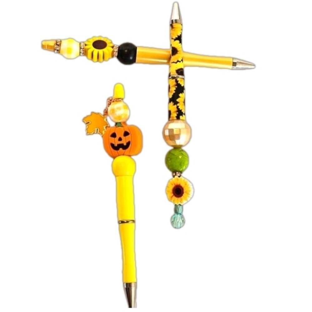 Hand Crafted Halloween Pens Fall & Floral Beaded Set of 3 Ballpoint Black Ink 6"